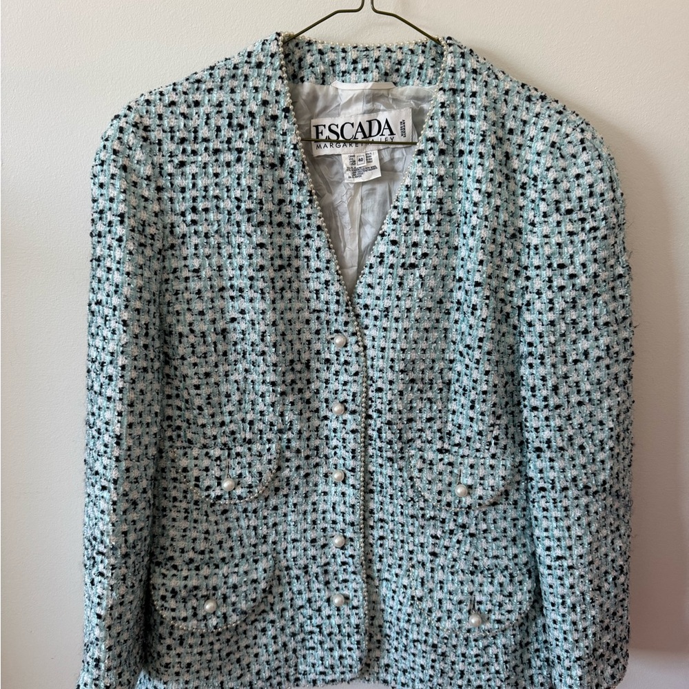 #110 - Vintage Escada Tweed Blazer - White, Light Blue and Navy
